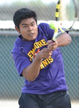 Mike Sinega, Lemoore's No. 1 tennis player, lost his match to Redwood's Adam Miller.