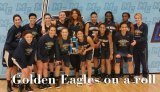 Members of the West Hills College Golden Eagles basketball team moments after winning the Moorpark Tournament title Sunday night.