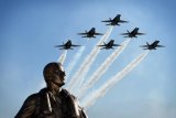 The Blue Angels flew over the Aviator Memorial, dedicated on Saturday at NAS Lemoore.