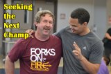 West Hills Coach Kent Olson and NCAA champ Chris Pendleton share a laugh at Monday's wrestling camp in the Golden Eagle Arena.