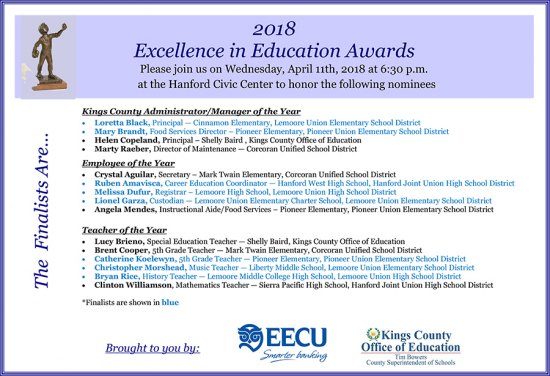 Lemoore High School places two finalists in 2018 Excellence in Education Awards Lemoore High School places two finalists in 2018 Excellence in Education Awards