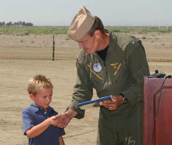 NAS Lemoore Commanding Officer Monte Ashliman is shown here with Drew Rhoads at the groundbreaking ceremony for the Aviator Memorial.