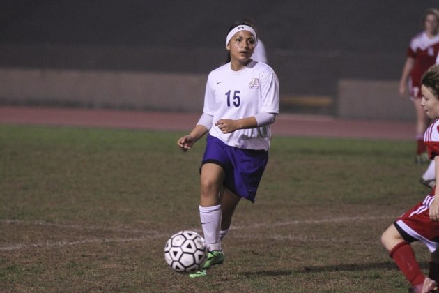 Lemoore's Keelynn Kaalkahi, a junior midfielder wore No. 15 during Friday's win over Hanford. she wore it in honor of Traci Roa, out for the season with an injury.
