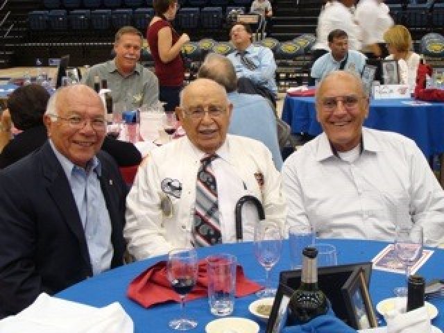 David Baca, left, Julian Mazuka, center, and Frank Bento enjoy dinner and documentary about Honor Flights at West Hills College. Baca and Bento, Mazuka’s two sons-in-law, will accompany him on an Honor Flight to see the World War II Memorial.