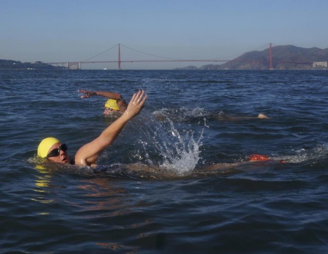 Lemoore's Stephanie Bealer takes a swim from Alcatraz on October 14 to promote Native American issues.