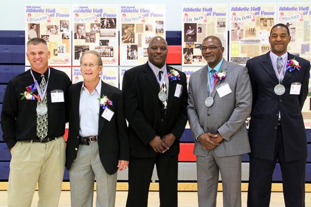 West Hills College Hall of Famers credit local college with much of their success Inductees left to right: Carlos McCaleb, Jerry Merz (receiving for Mickey McNamee, Derrick Chachere, Frank Smith and Marzell Clayton.